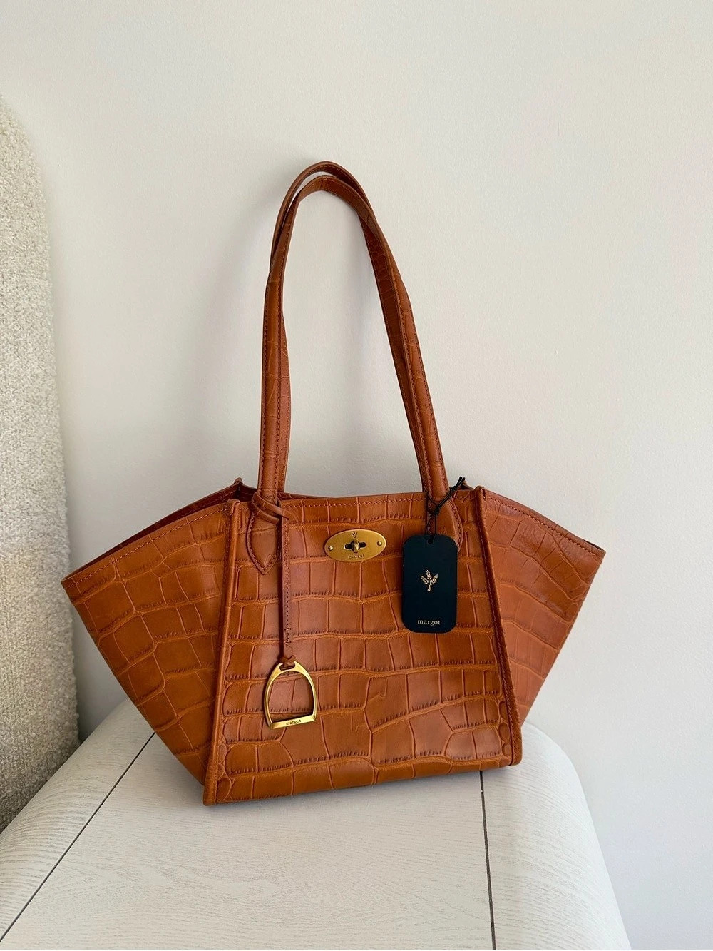 Margot Phoebe M Tote Crocodile-Embossed Leather Tote in Brown NWT